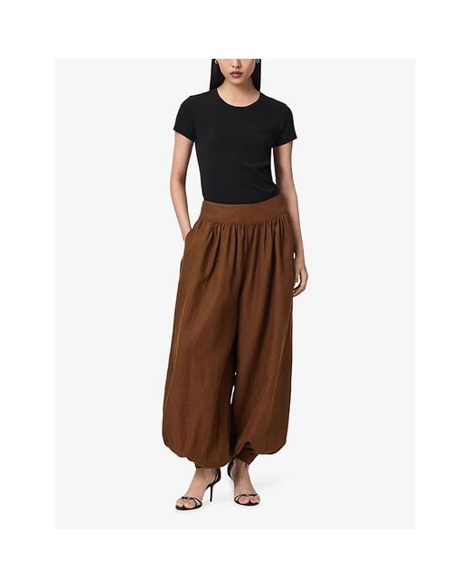 AllSaints Brown Harrie Balloon-Leg Linen-Blend Trousers