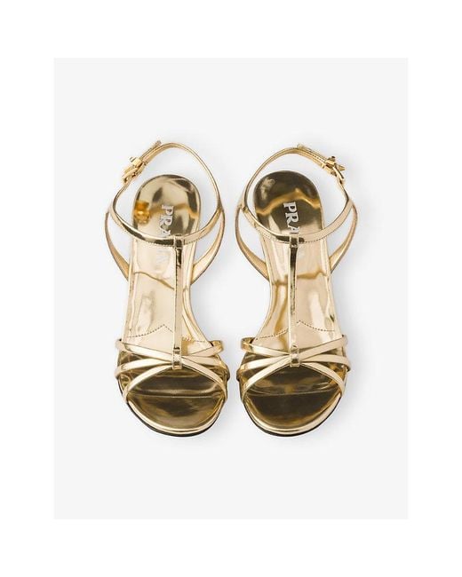 Prada Natural Logo-Engraved Metallic Leather Heeled Sandals