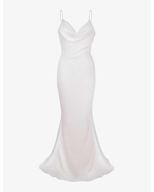 House Of Cb White Aurelie Cowl-neck Satin-texture Bridal Gown