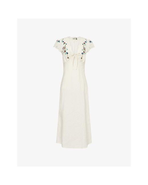 Rixo White Amari Embroidered Linen-Blend Midi Dress
