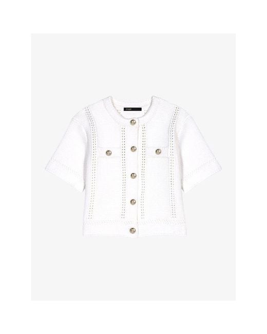Maje White Openwork Cropped Knitted Cardigan