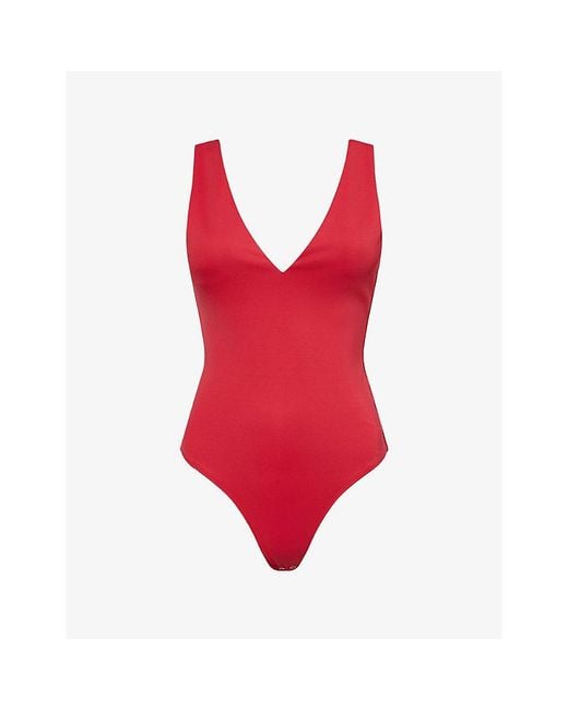 GOOD AMERICAN Red Scuba Deep V-Neck Stretch-Woven Body
