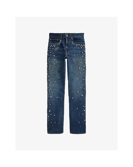 Polo Ralph Lauren Blue Rhinestone-Embellished Straight-Leg High-Rise Jeans