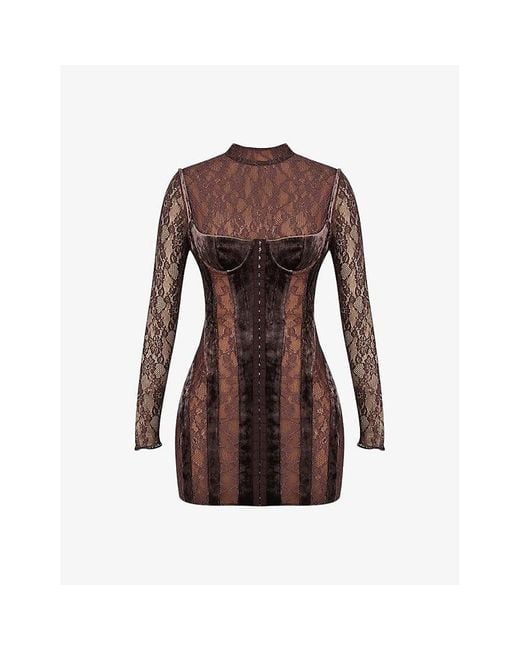 House Of Cb Brown Marica Crushed-Velvet Stretch-Lace Mini Dress