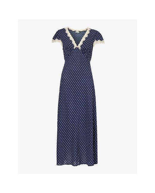 Rixo Blue Clarice Lace-trim Silk Maxi Dress