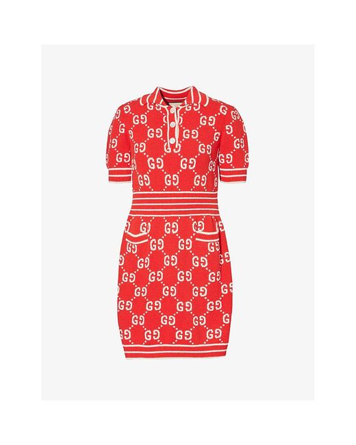 Gucci Red Monogram-print V-neck Cotton-blend Mini Dress