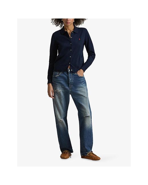 Polo Ralph Lauren Blue Logo-Embroidered Collared Cotton-Blend Cardigan