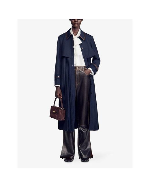Sandro Blue Contrast-Collar Belted Wool-Blend Trench Coat