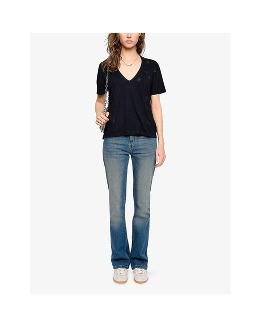 Zadig & Voltaire Blue Marta V-Neck Rhinestone-Embellished Cotton T-Shirt