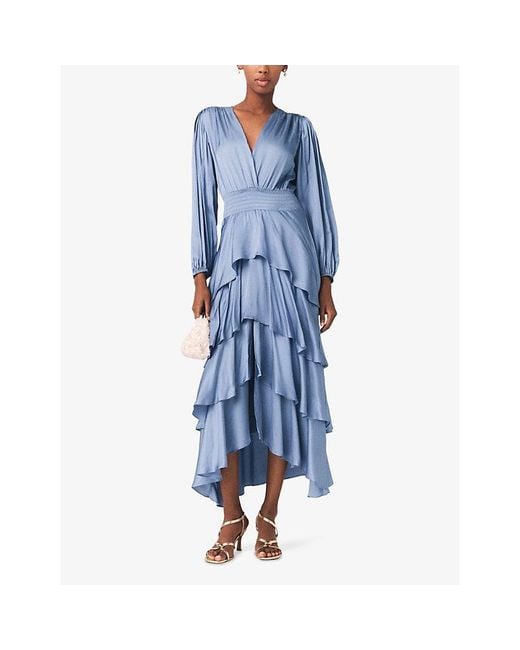 Maje Blue V-Neck Ruffled Woven Maxi Dress