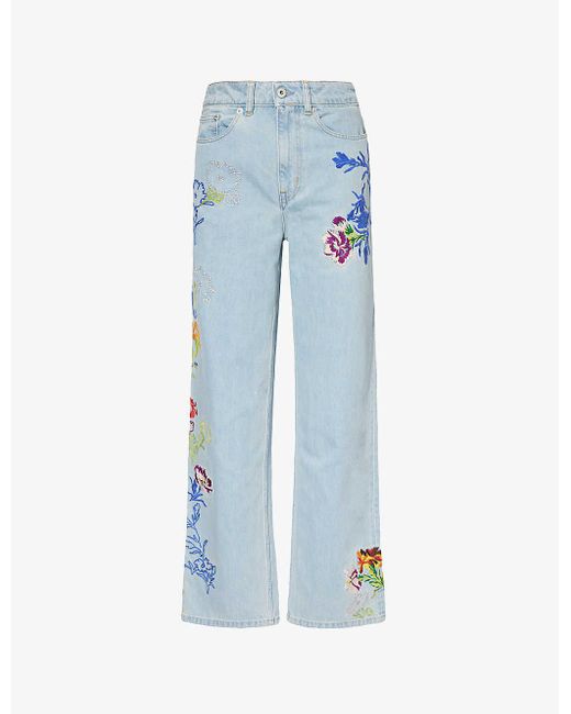 KENZO Blue Sumire Drawn Flowers Floral-embroidered Wide-leg Mid-rise Jeans