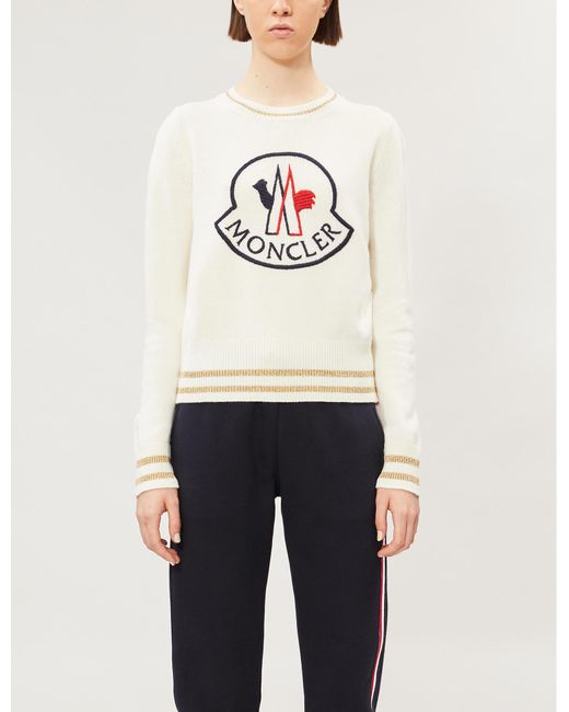 Moncler White Logo-embroidered Wool And Cashmere-blend Jumper