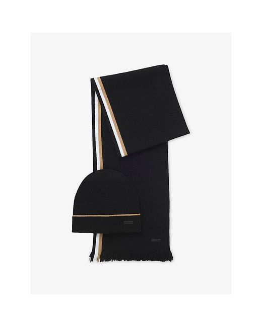 Boss Black Branded Knitted Beanie Hat And Scarf Set for men