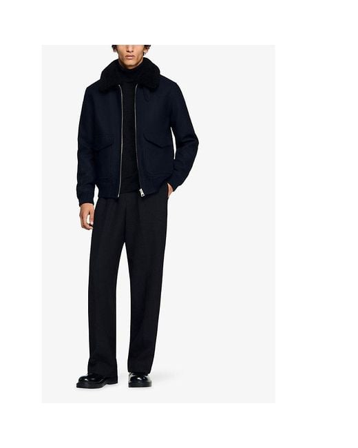 Sandro Blue Fleece-Collar Patch-Pocket Wool-Blend Aviator Jacket for men