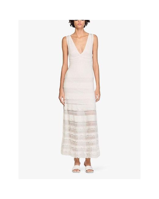 Sandro White V-Neck Pointelle Knitted Maxi Dress