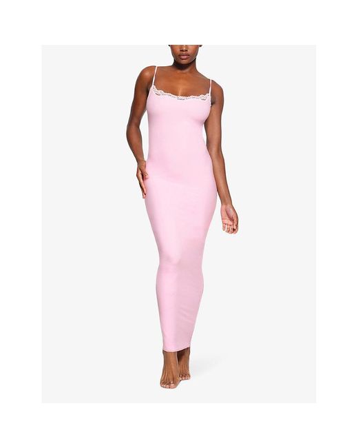 Skims Pink Cherry Blossomfits Everybody Lace-trim Stretch-woven Maxi Slip Dress X