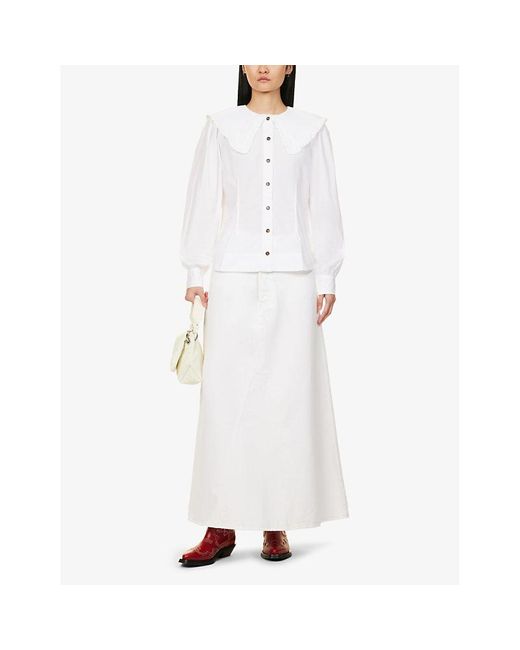 Ganni Wide-collar Ruffle-trim Organic-cotton Shirt in White | Lyst