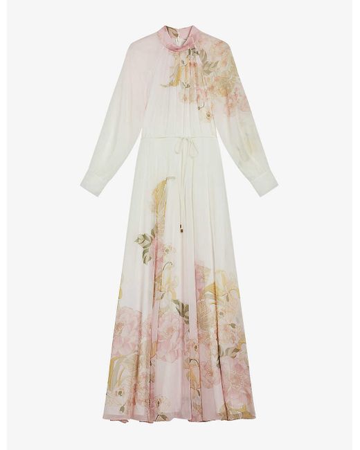 Ted Baker Natural Lealani Floral-print Belted-waist Woven Midi Dress