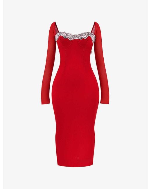 House Of Cb Red Seraphina Lace-trim Stretch-mesh Midi Dress