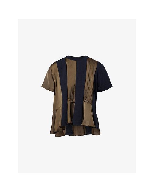 Sacai Black Pleated Panel Cotton And Satin T-Shirt