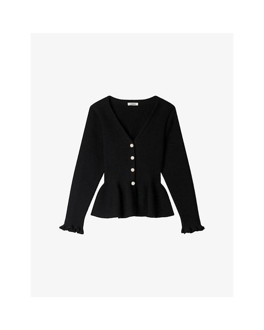 Sandro Black Peplum Button-Down Knitted Cardigan