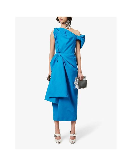 Alexander McQueen Blue Bow-embellished Slim-fit Woven Midi Dress