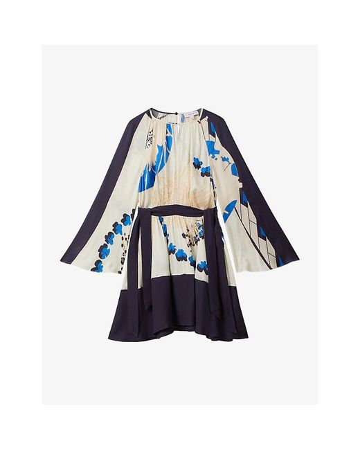 Reiss Blue Sasha Graphic-print Cut-out Woven Mini Dress