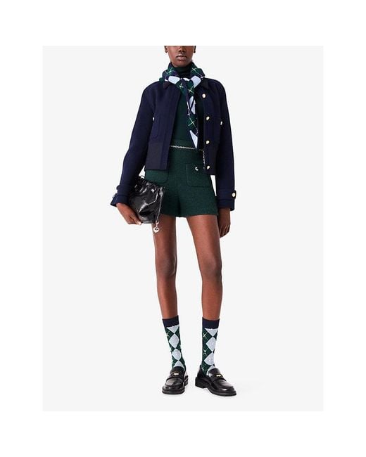 Maje Green Tweed Chain-Embellished Stretch Cotton-Blend Shorts