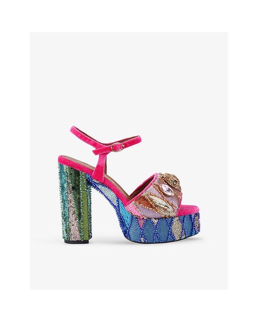 Kurt Geiger Blue Kensington Sequin-Embellished Woven Platform Sandals