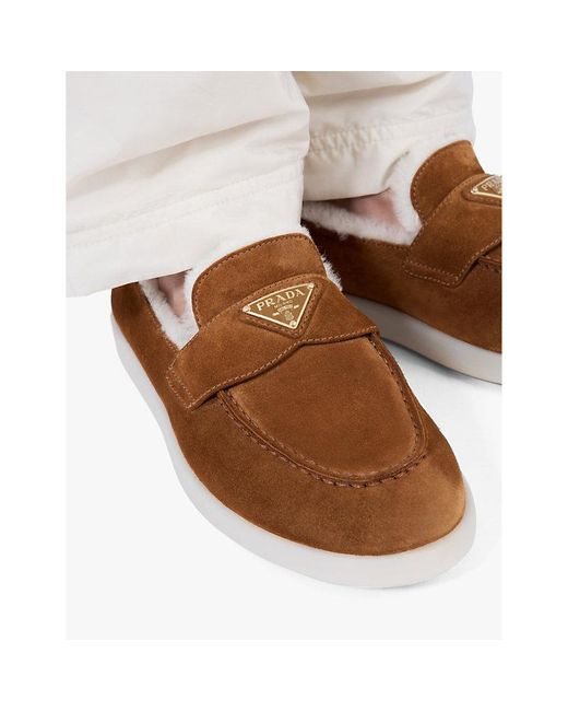 Prada Brown Triangle-Plaque Suede And Shearling Loafers