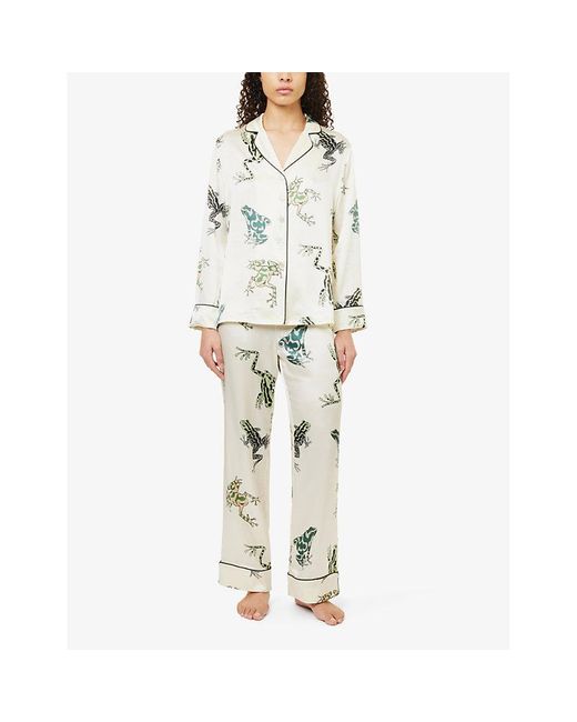 Olivia Von Halle White Lila Graphic-print Silk Pyjama Set