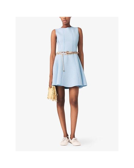 Maje Blue Bow-Embellished Flared Knitted Mini Dress
