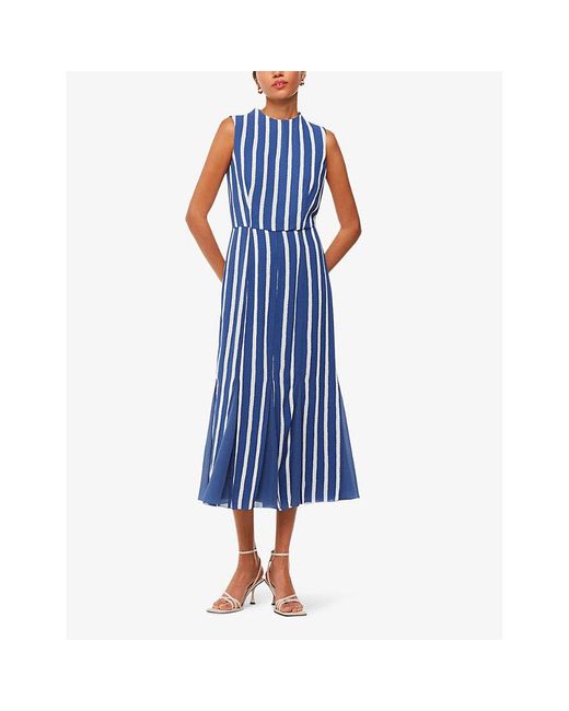 Whistles Blue Multi Crinkle Stripe-Print Sleeveless Woven Midi Dress