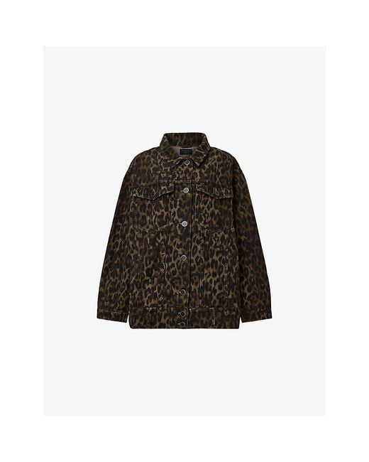 AllSaints Black Leopard-Print Relaxed-Fit Denim Jacket