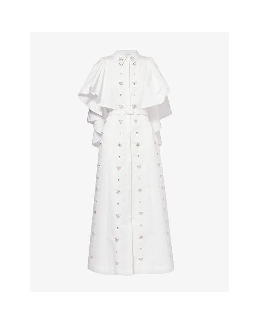 Huishan Zhang White Maira Embellished Cape-Sleeve Woven Maxi Dress