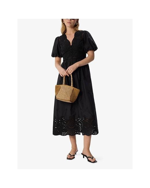 Whistles Black Broderie V-Neck Cotton Midi Dress