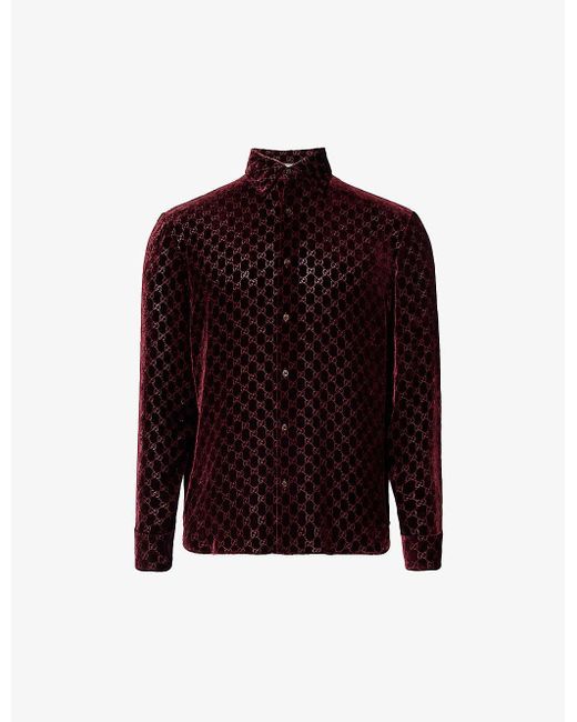 Gucci Red Monogrammed Semi-sheer Regular-fit Velvet Silk-blend Shirt for men