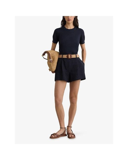 Reiss Blue Livy Short-Sleeve Silk And Linen-Blend Top