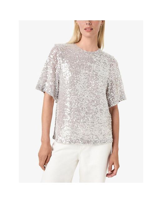 The White Company Gray Round-Neck Sequin-Embellished Stretch-Polyester T-Shirt