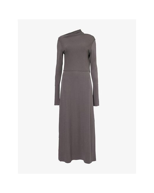 Totême  Gray Cowl-Neckline Long-Sleeves Stretch-Woven Maxi Dress