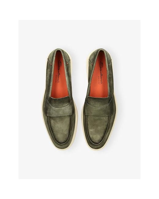 Santoni Green Detroit Penny Suede Loafers for men