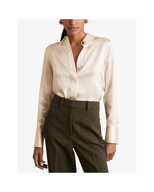 Reiss Natural Ameira Concealed-Placket Long-Sleeve Silk Shirt