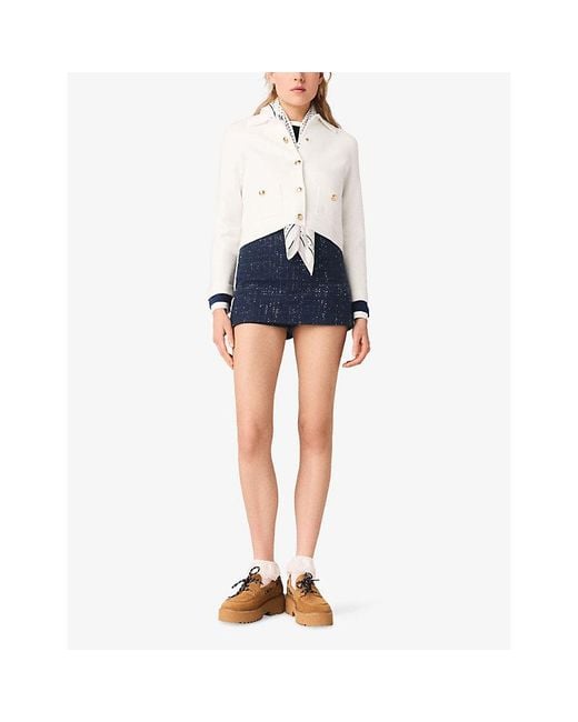 Maje Blue Checked Rhinestone-Embellished Woven Skort