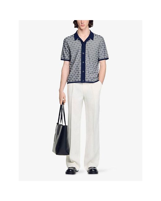 Sandro Gray Grid-Pattern Short-Sleeved Knitted Shirt for men