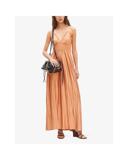 The Kooples Orange V-Neck Shirred-Waist Woven Maxi Dress