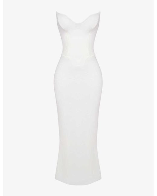 House Of Cb White Tamara Peaked-neckline Stretch-woven Maxi Dress