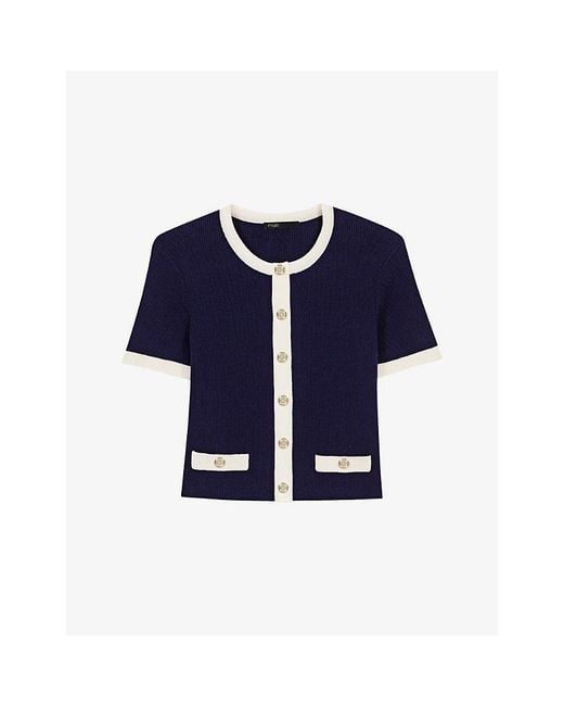 Maje Blue Short-Sleeved Contrast-Trim Knitted Cardigan