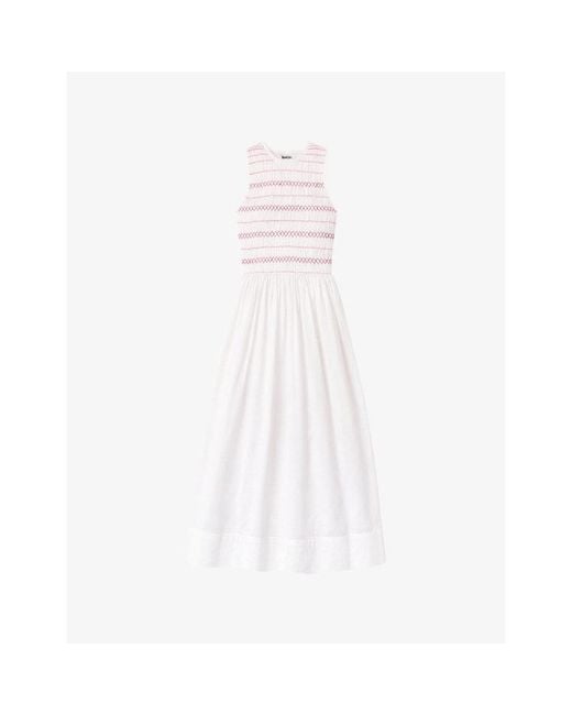 Ro&zo White Sleeveless Shirred-Bodice Cotton-Voile Midi Dress