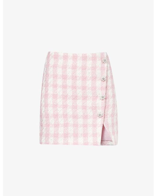 Self-Portrait Pink Bouclé-texture Embellished-button Woven Mini Skirt