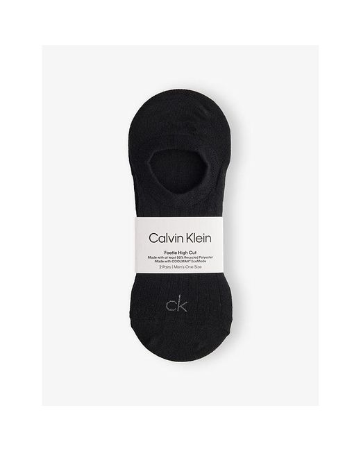 Calvin Klein Black Branded Ribbed-Trim Pack Of Two Stretch-Cotton Footie Socks for men